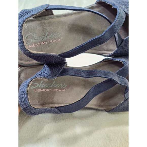 Skechers Memory Foam Navy Blue Wedge Sandals With Stretch Straps & Peep Toe Desi - Picture 4 of 12